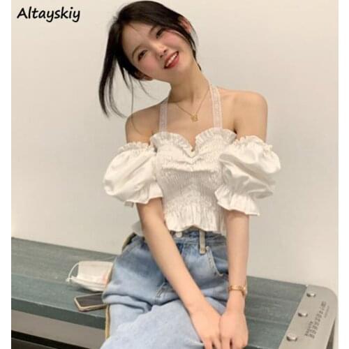 Blouses Women Cropped White Solid Girls Cute All-match Puff-sleeve Streetwear Tops Sexy Romantic Korean Style Slim Trendy Chic