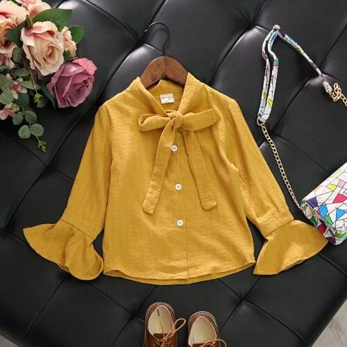 Brand Autumn Baby Girl Shirt Long Sleeve Cotton Solid Bow Tie Clothes Lantern Sleeve Tops Tees for Kids Girls Blouse Kids Shirts