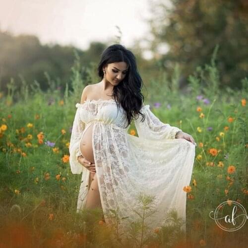 Maternity Photography Maxi Dress Slit Open Slash Neck Lace Pregnancy Photo Shoot Long Dress