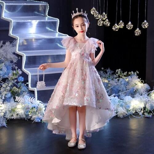 Long Evening Dress Flower Girl Dresses Sequin Teenager Wedding Communion Lace Sleeve Children Clothes Birthday Communion Outfits