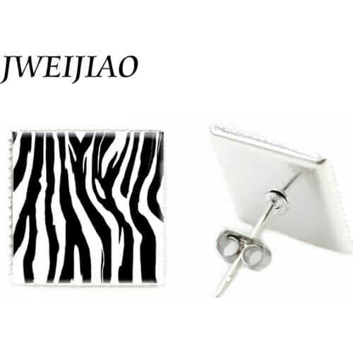 JWEIJIAO Fashion Black and white zebra stripes Ear Studs Earrings Square Glass Cabochon Animal Photo DIY Jewelry J465