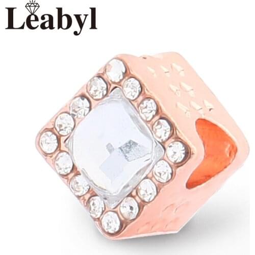 Leabyl Classic Full of Crystal Square Charm fit Bracelet Bangle Rose Gold Color Geometric Beads for DIY Jewelry Making