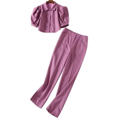 Women Clothes Set Crop Top Short Shirt + Purple Long Pants