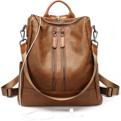 Leather Backpack Really Genuine Cow Womens Shoulder Bag Multi Zipper Rucksack Female Vintage Bookbag For Travel Mochila C695