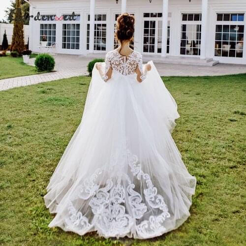 Ivory Lace Flower Girl Dress Sleeves Girl Wedding Party Dress First Communion Gown Lace Train Baby Dress Cute Child Dress