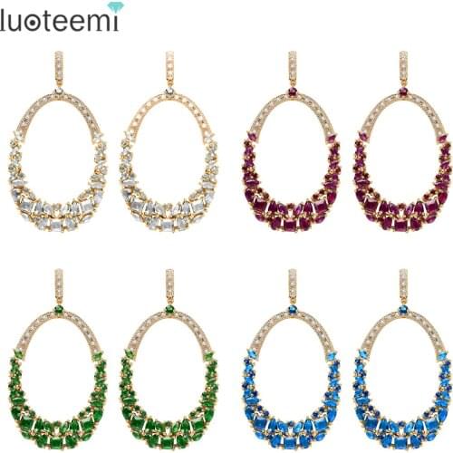 LUOTEEMI New Dazzling Bohemia Statement Big Oval Dangle Drop Earrings for Women Green CZ Crystal Jewelry & Accessories