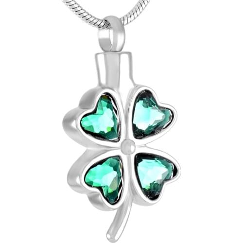 MJD8223 Stainless Steel Four Leaf Clover Urn Pendant Necklace Cremation Memorial Jewelry Ashes Keepsake (cyan and sliver )