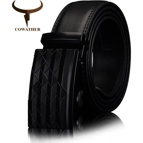 COWATHER Mens Automatic Buckle belt with Cow Genuine Leather BLACK BROWN Belts for Men brand Wide 3.5 cm CZ058
