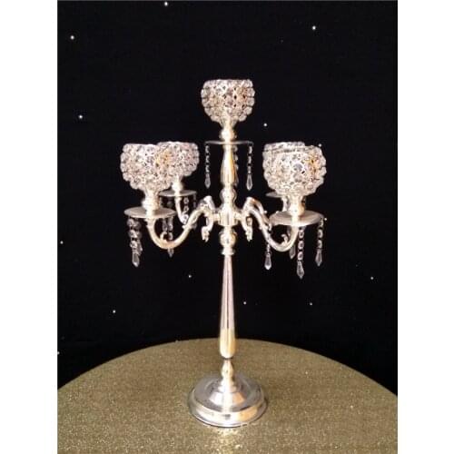 76cm Tall 5 arms Silver Wedding Crystal Candelabras candle holder Flower Vase Wedding Props
