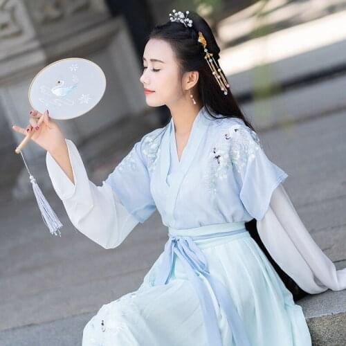 Crane embroidery chiffon long skirt cross collar half arm Han dynasty women ancient style fairy skirt three piece set