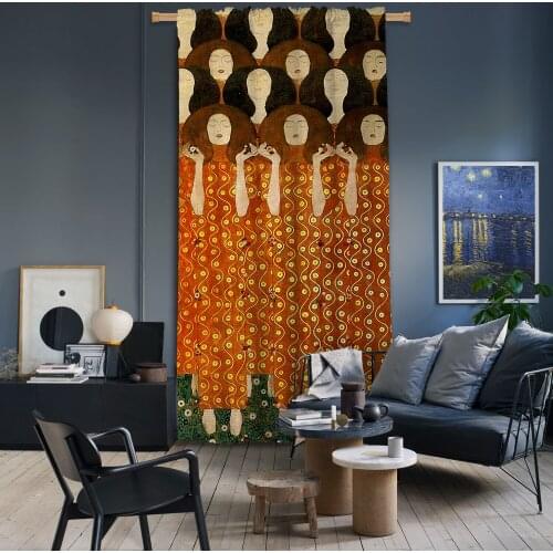 Cipcici Gustav Klimt - Beethoven Friese (Detail) Blackout Curtain Unisex Kids Living Room Decorative Orange Ethnic Masterpiece