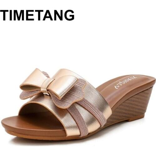 TIMETANG fashion Bowknot wedge slides shoes women slippers for woman sandals luxury gladiator summer Gold silver elegant Party