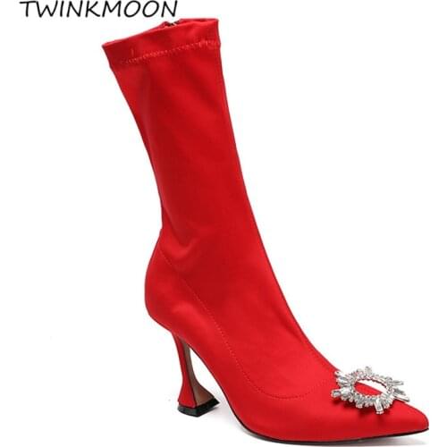 Crystal Buckle Booties Woman Shoes Black Red Knitting Stretch Runway Fashion Autumn Womens ankle boots High Heels