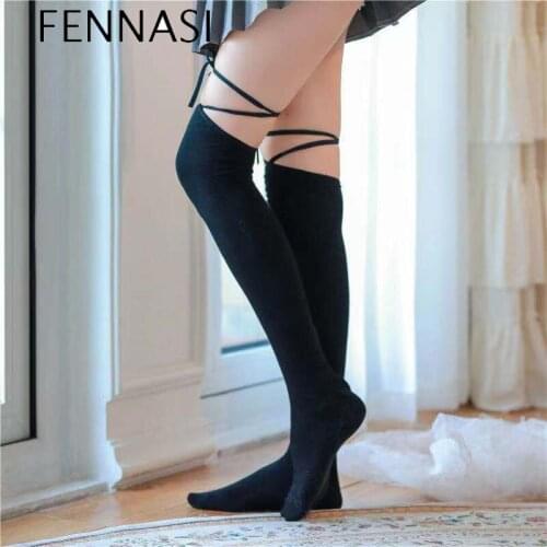 Fenniasi Womens Black Long Tube Stockings Girl New Lolita Cute Cross Strap Sver-the-knee Socks Tights