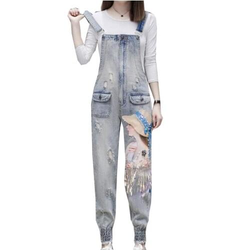 Women Print Cartoon Denim Jumpsuits Rompers Overalls New Hole Loose Beaded Jean Suspender Pants Female Casual Trousers w117