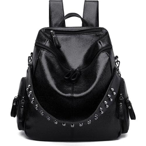 Lady Backpack Clean simple Literature and art Single shoulder bag Large capacity Rivet Soft Skin Solid color handbags