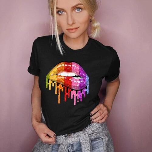 Sequins Red Lip Women Tops Sexy Black Tees Leopard Kiss Lip Funny Summer Female Soft T Shirt Lips Watercolor Graphic T Shirt Top