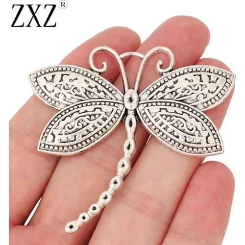 ZXZ 5pcs Tibetan Silver Large Dragonfly Insect Charms Pendants for Necklace Jewelry Making Findings 60x55mm
