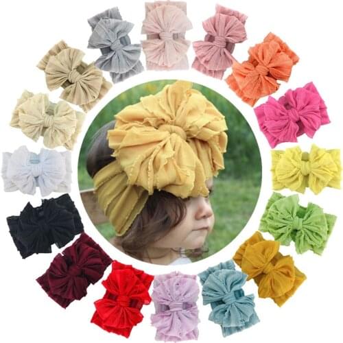 16Pcs New 5.5" Soft Lace Bow With Wide Headband For Baby Girls Handmade Stretch Headwear Children Hair Accessories