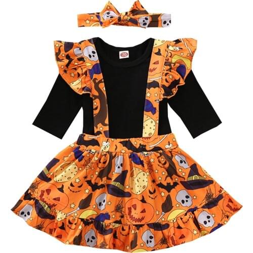 3PC Cartoon Pumpkin Dress Set Kids Clothes Girls Halloween Romper Bodysuit+ruffles Suspender Skirts Outfit Roupa Infantil Menina
