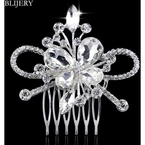 BLIJERY Silver Color Big Crystal Bridal Hair Combs Butterfly Flower Wedding Hair Accessories for Women Hair Jewelry Headwear
