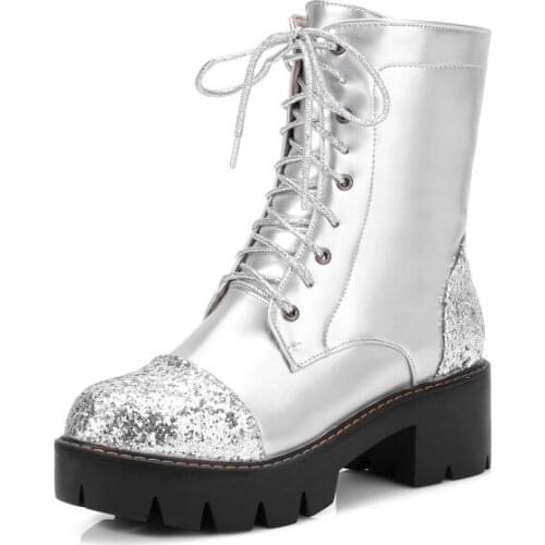 Big Size 9 10 11 12 boots women shoes ankle boots for women ladies boots Sequined lace-up uniform