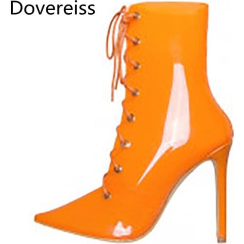 Dovereiss Fashion Womens Shoes summer Pointed toe Pure color Orange PVC Cross tied jelly shoes Stilettos heels big size 48
