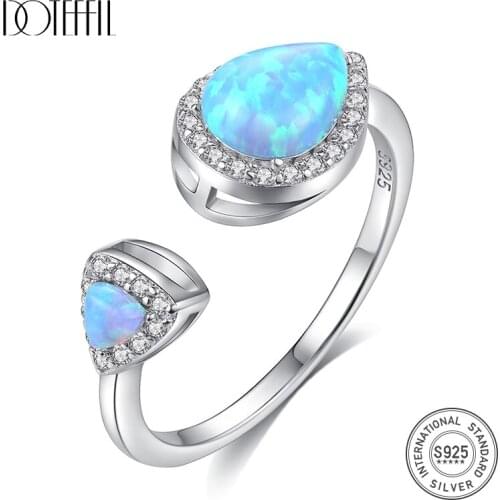 DOTEFFIL New Brand Design Waterdrop Double Fire Opal Cuff Rings for Women Romantic for Lover Femme Open Rings Silver 925 Jewelry