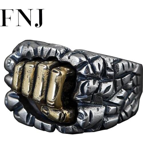 FNJ Punk Skull Ring 925 Silver Adjustable Size 100% Original Real S925 Solid Silver Rings for Men Jewelry Fine Vintage Fist