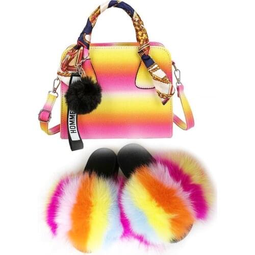 Fur Slides and Purse Set Women Rainbow Sandals With Matching Purses Fluffy Slippers Brand Bag Exquisite Party Sandals Wholesale