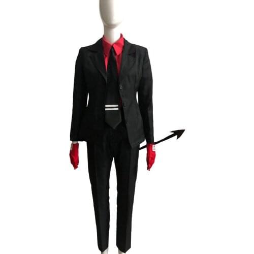 Game Helltaker Lucifer demon Justice Cosplay Costume Adult Women Men Outfits Burgundy Red Shirt Pants Jacket Gloves Tail Hallowe