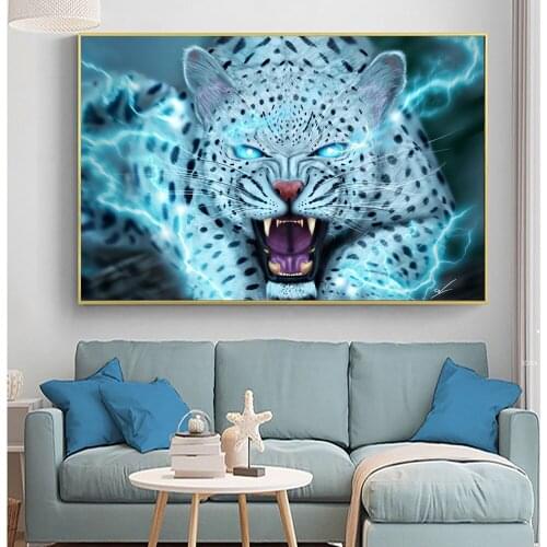 Lightning Snow Leopard Mural Wall Art Diamond Painting 5d Tiger Animal Poster Mosaic Picture Living Room Decor Cross Stitch