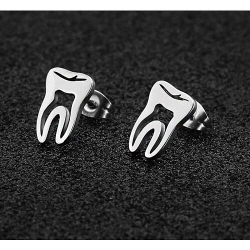 Wholesale 30 pairs/lot Cute Hollow Tooth Steel Titanium Stud Earrings Simple Style Fashion Jewelry Gifts for Women Men Girls