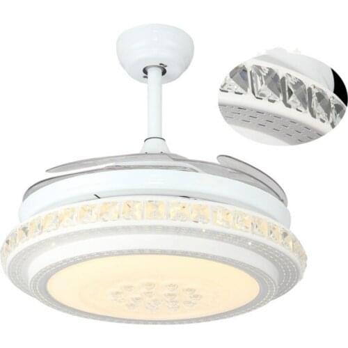 42 Inch Invisible Crystal Ceiling Fans with LED Light and Remote, Indoor Ceiling Light with 4 Retractable ABS Blades Fans