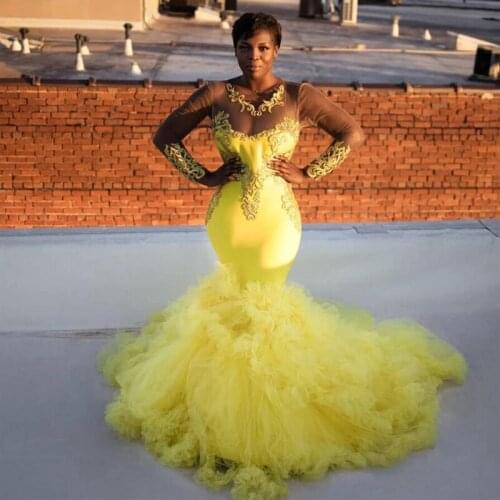 Stunning Sheer Neck and Sleeve Mermaid Evening Dresses Yellow Appliques Tiered Tulle Skirt Formal Evening Gowns