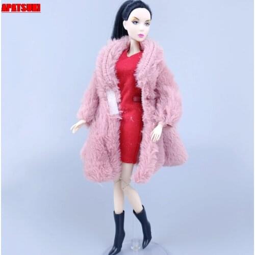 Pink Winter Fur Coat Jacket Overcoat for Barbie Doll Outfits Boots Clothes for 1/6 BJD Dolls Accessories Toys For Children DIY