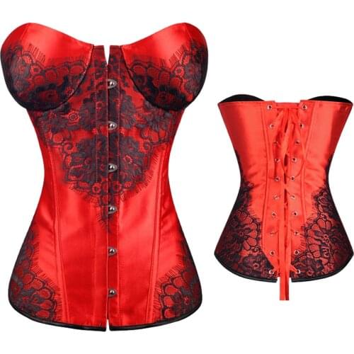Sexy Women Lace Corset Lace Up Satin Boned Overbust Plus Size Corset and Bustier Flower Lingerie Top Shaper Red