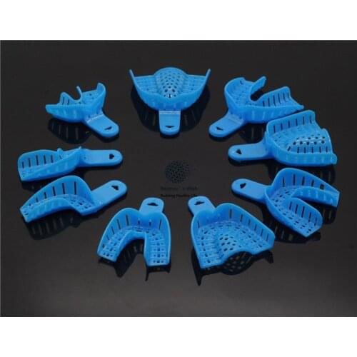 Dental Plastic Impression Trays Denture Instrument Full Size Blue 9Pcs/Set For Dentist Doctor