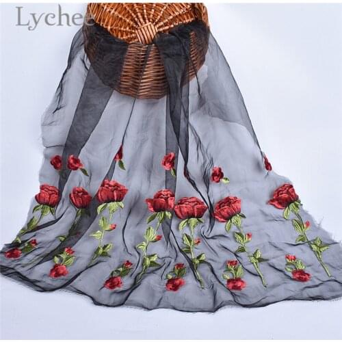 Lychee Life Embroidery Rose Flower Fabrics Black White Mesh Lace Fabric DIY Sewing Supplies for Wedding Dress Making