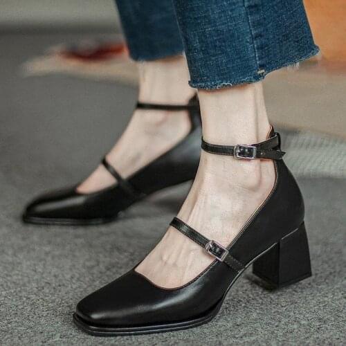 Sexy High Heels Women 2021 Spring Fashion Leather Ankle Buckle Strap Pumps Square Toe Mary Jane Shoes Ladies classic Party Heels