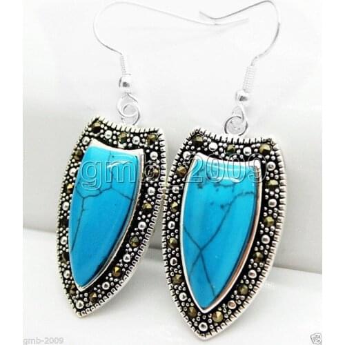 Unique ladys beautiful 925 Sterling Blue Turquose Marcasite Dangle Natural stone bread Earing big earringsWomen Party