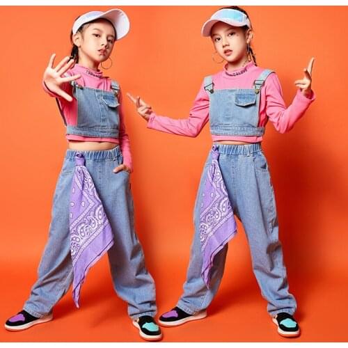 Jazz Dance Performance Clothes For Girls Strap Jeans Hiphop Suit Hip Hop Modern Dance Clothes Stage Outfits Kids clothes suits
