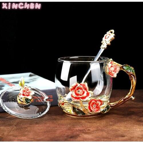 XINCHEN Creative Enamel Colour Water Cups Water Bottle Set Household Glass Coffee Cup Girl Heart Flower Tea Cup