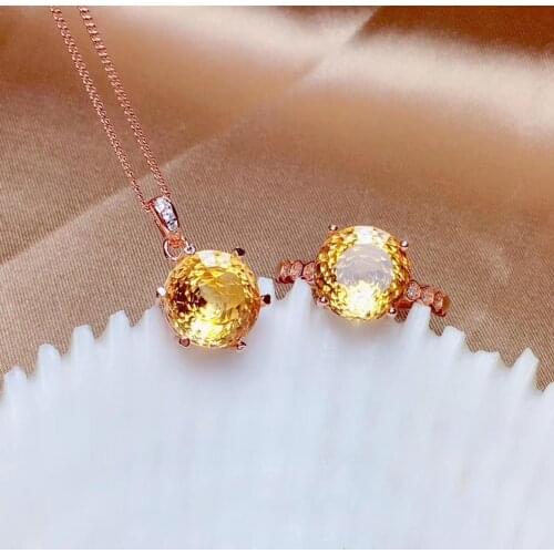 Anniversary Best Gift Citrine Jewelry set Natural And Real Citrine Set 925 sterling silver Fine jewelry 1pc ring,1pc Pendant