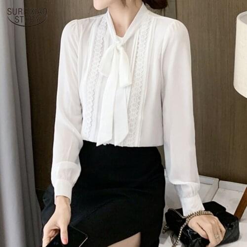2021 Long Sleeve Folded Loose Elegant Lady Top Autumn Bowknot Lace Chiffon Blouses Women Fashion Ribbon Splice Shirt Women 16629