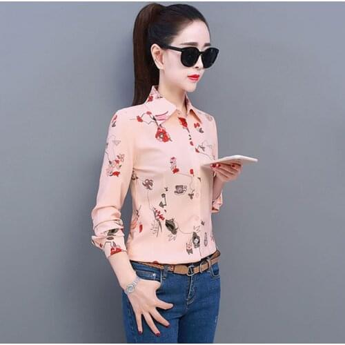 Office Blouse Women Long Sleeve Chiffon Blusa Mujer Spring Autumn Print Womens Pink White Tops Blouses Casual Shirts DD2294