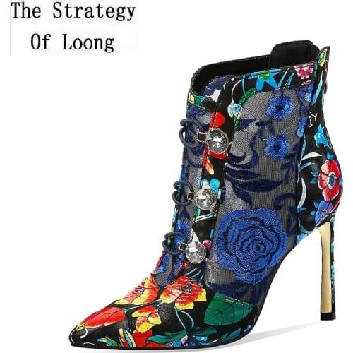 Summer China Style Women Flowers Print Thin High Heels Ankle Short Boots Ladies pointed Toe Breathable Mesh Buckle Shoes 200113