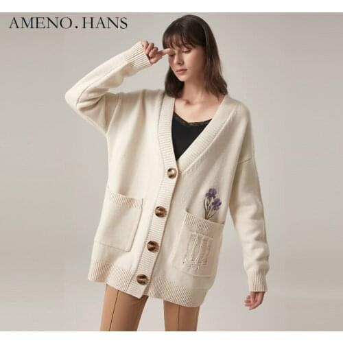 Ladies jumpers and cardigans embroidery woman sweater 100% wool sweater