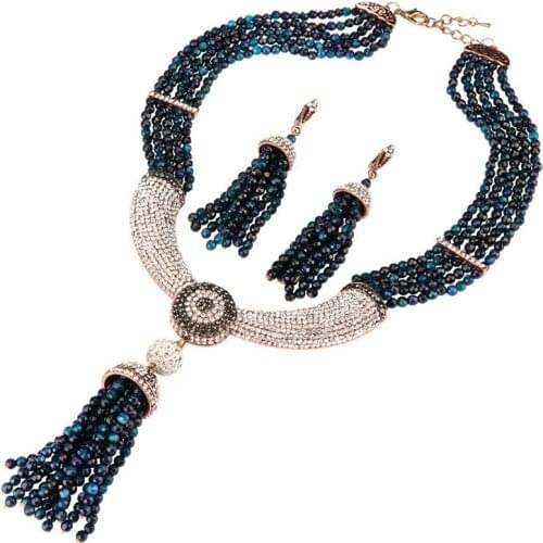 Ethnic Bohemian Women Beads Crystal Necklace Pendnat Earrings Jewelry Set Long Tassel Statement Choker Gypsy Vintage Party Gifts