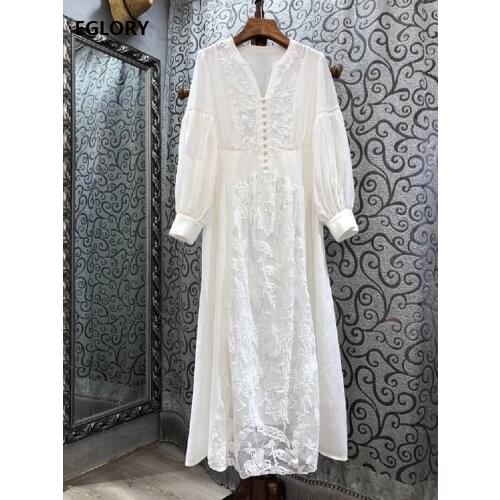 New 2021 Spring Long Dress High Quality Women V-Neck Lurex Embroidery Floral Patterns Long Sleeve Elegant White Maxi Dress